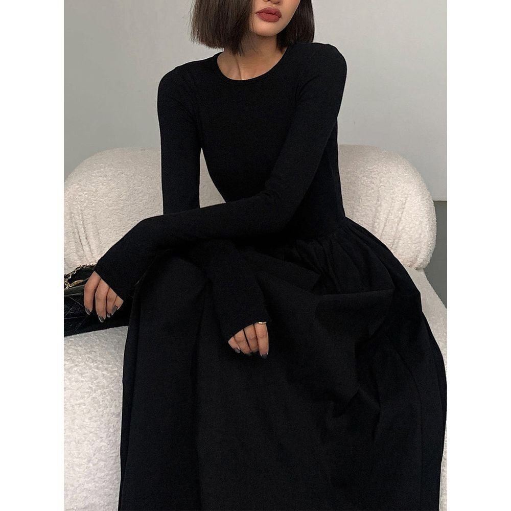 Commense Long Sleeve Maxi Dress Pockets A Line Casual Elegant Black Dress L